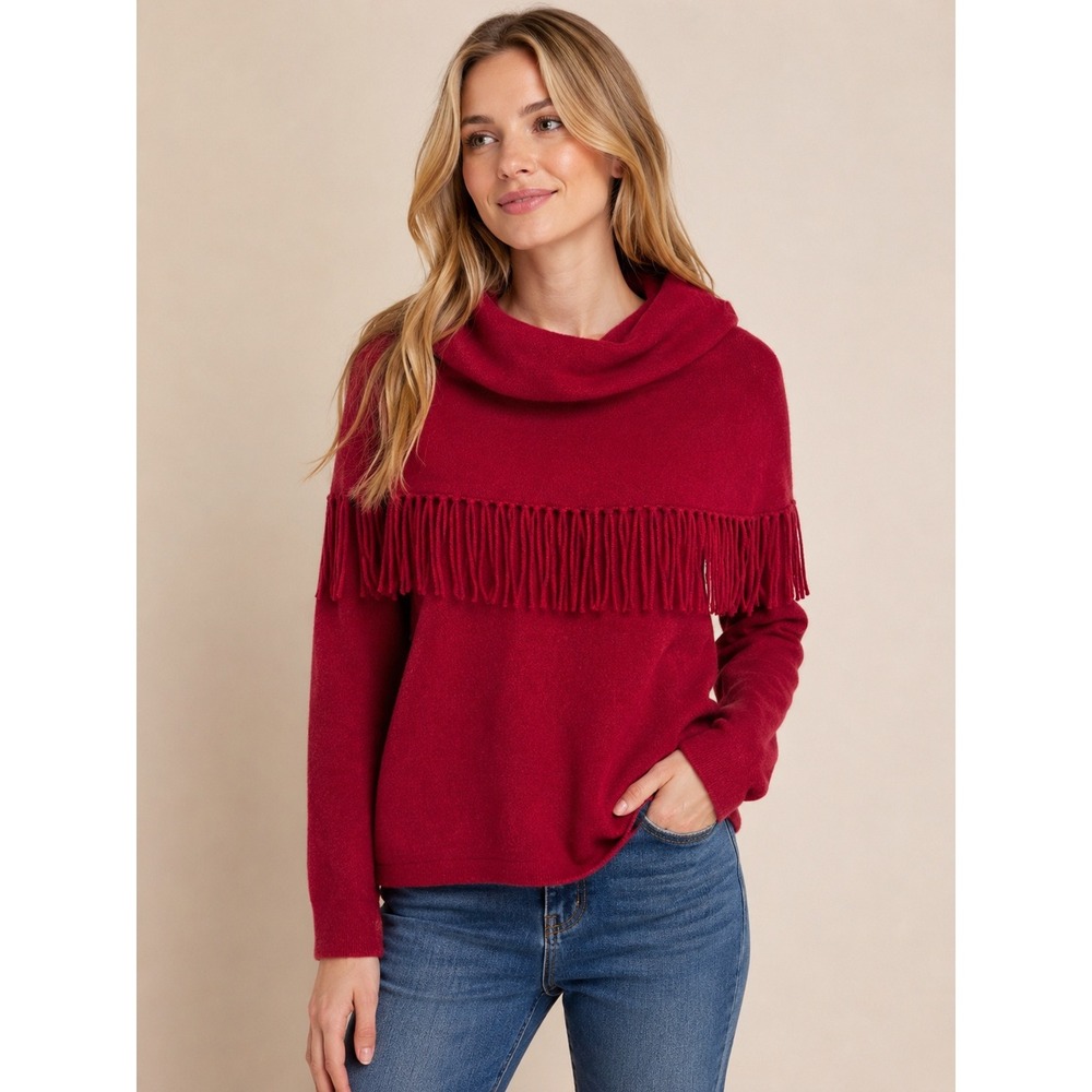 Minnie Rose 100% Cashmere Fringe Cowl Neck Sweater Merlot Red Women's Medium NWT